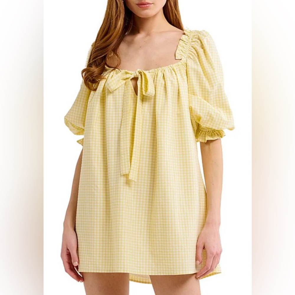 Rumored Yellow Gingham Puff Sleeve Mini Dress